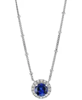 Lab-Grown Sapphire (1-5/8 ct. t.w.) & Lab-Grown White Sapphire (1/6 ct. t.w.) Halo Pendant Necklace in Sterling Silver, 16" + 2" extender