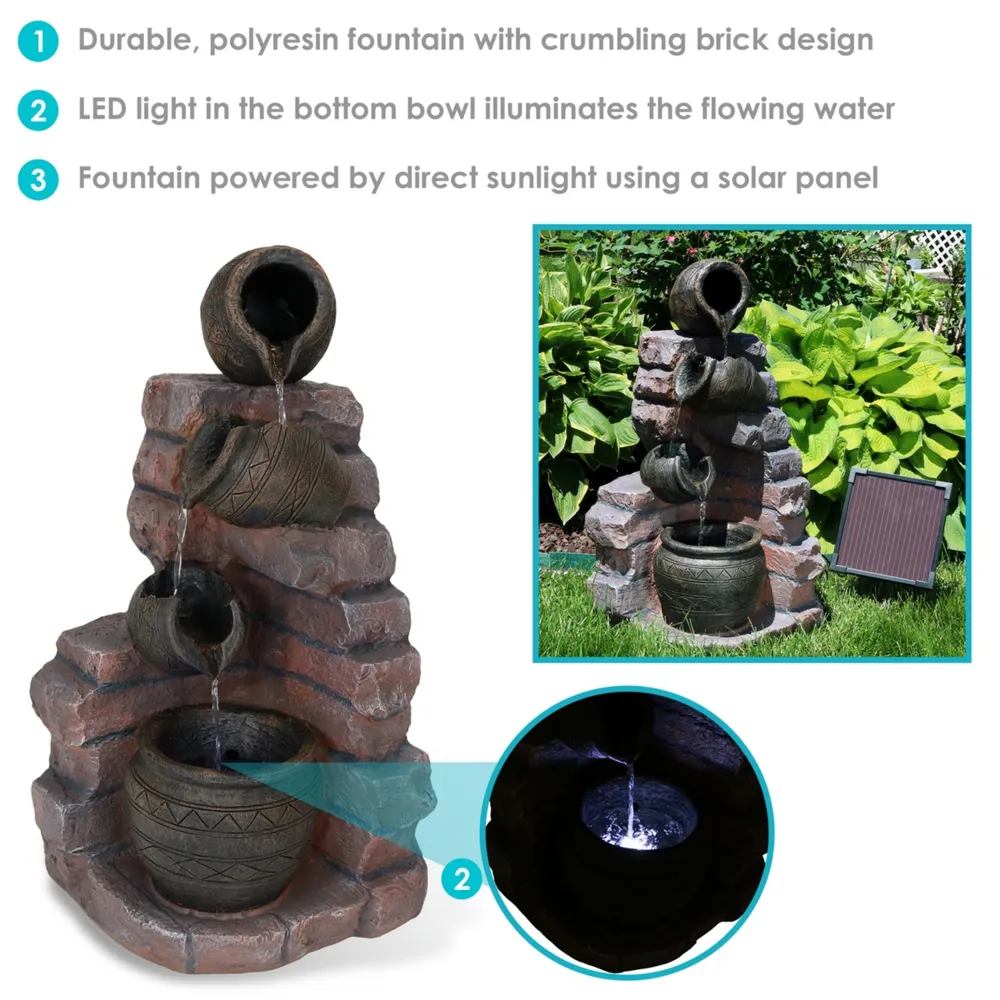 Sunnydaze Decor Crumbling Bricks/Pots Solar Water Fountain with Battery - 27 in