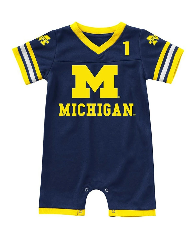 Infant Boys and Girls Colosseum Navy Michigan Wolverines Bumpo Football Romper