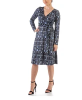 24seven Comfort Apparel Women's Long Sleeve Knee Length Faux Wrap Dress