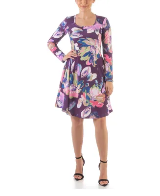 24seven Comfort Apparel Women's Floral Long Sleeve Knee Length Dress
