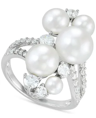 Arabella Cultured Freshwater Button Pearl (4 - 9-1/2mm) & Cubic Zirconia Cluster Ring in Sterling Silver