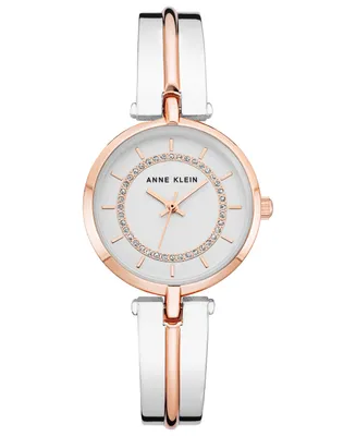 Anne Klein Women's Silver-Tone and Rose Gold-Tone Alloy Bangle with Silver Glitter Watch, 38mm - Silver-tone, Rose Gold