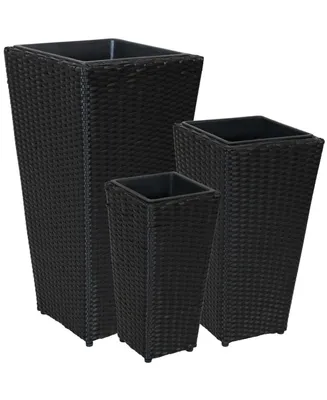 Black Polyrattan Planters with Handles - 3-Piece Set with 9-Inch, 11.5-Inch and 14.75-Inch Square Containers