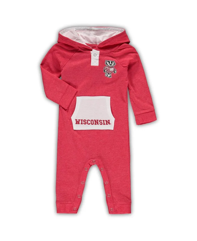 Newborn and Infant Boys and Girls Colosseum Heathered Red Wisconsin Badgers Henry Pocketed Hoodie Romper