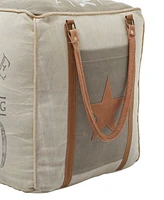 Rosemary Lane Canvas Pouf with Leather Handles, 20" x 20" x 19"