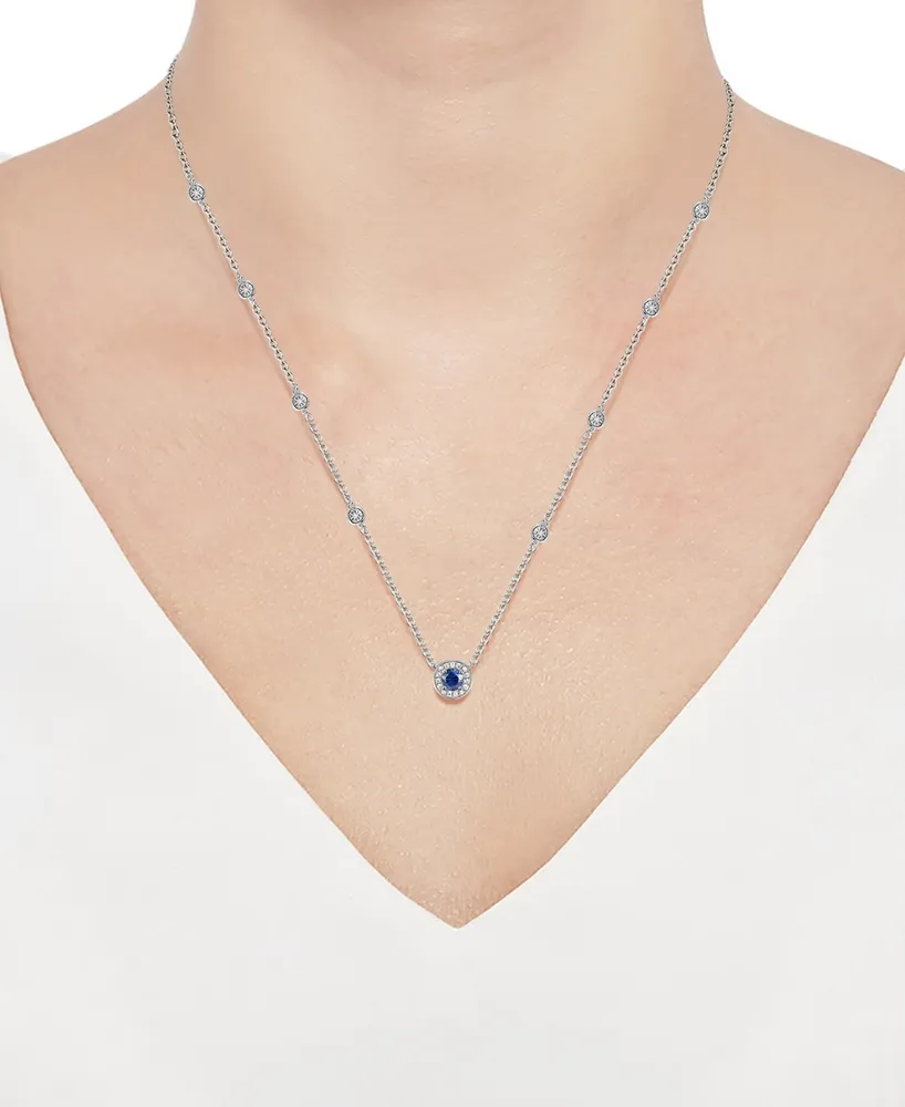 Sapphire (1/3 ct. t.w.) & Diamond (1/10 ct. t.w.) Halo Pendant Necklace in Sterling Silver, 17" + 1" extender