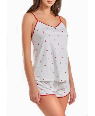iCollection Women's Kyley Heart Printed Pajama Short Set Trimmed Red - White