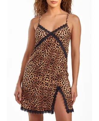 iCollection Women's Chiya Leopard Chemise with Lace Trim and Front Slit