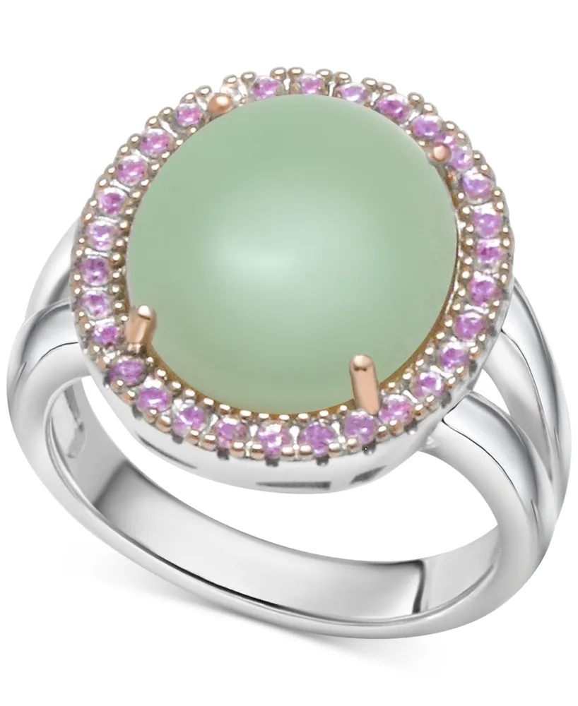 Green Jade (10 x 14mm) & Pink Amethyst (1/2 ct. t.w.) Halo Ring in Sterling Silver