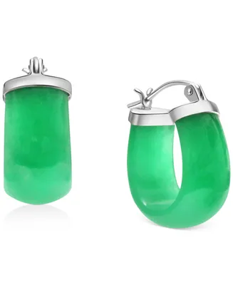 Green Jade (10x16mm) Small Hoop Earrings in Sterling Silver, 1"