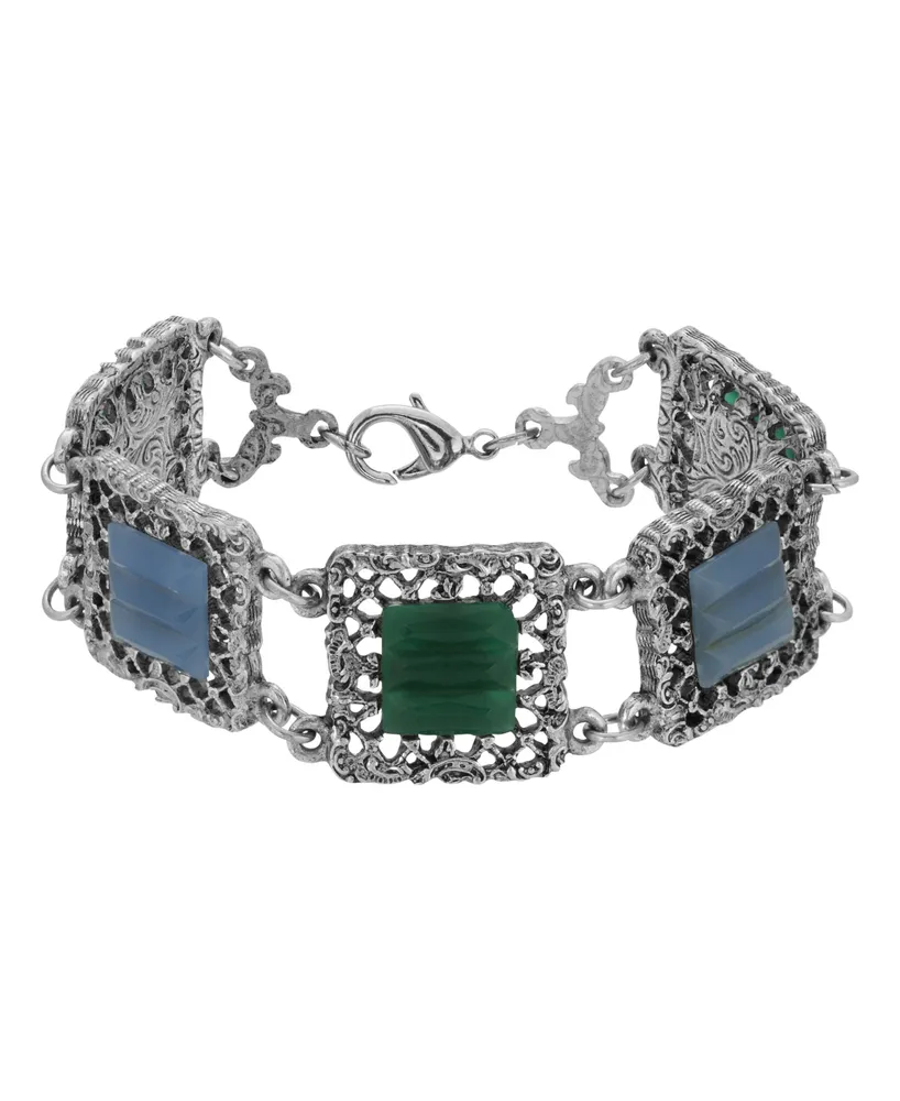 2028 Silver-Tone Square Green Blue Bracelet