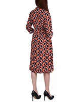 Ny Collection Petite Geometric Printed Long Sleeve Roll Tab Shirtdress