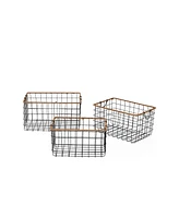Baum Rectangular Grid Black Wire Baskets with Jute Rim and Fold Down Ear Handles, Set of 3