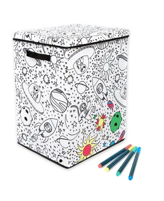 Baum Kid's Coloring Space Print Hamper with Lid and 4 Washable Markers Set