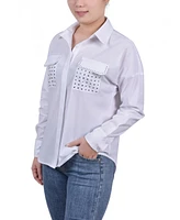 Ny Collection Petite Long Sleeve Hidden Placket Blouse with Studs