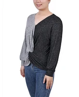 Ny Collection Petite Long Sleeve Twist Front Colorblocked Top