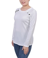 Ny Collection Petite Long Sleeve Ribbed Button Detail Top