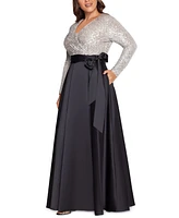 Xscape Plus Sequin-Top Solid-Skirt V-Neck Ball Gown