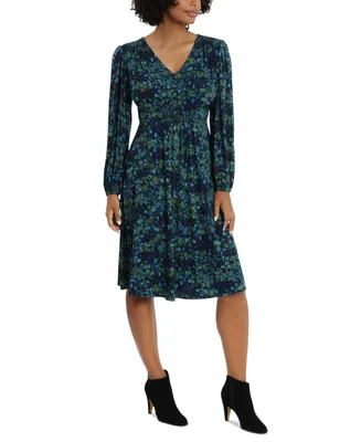 London Times Women's Smocked Fit & Flare Dress