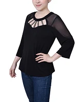 Ny Collection Petite 3/4 Sleeve Top with Neckline Cutouts and Stones