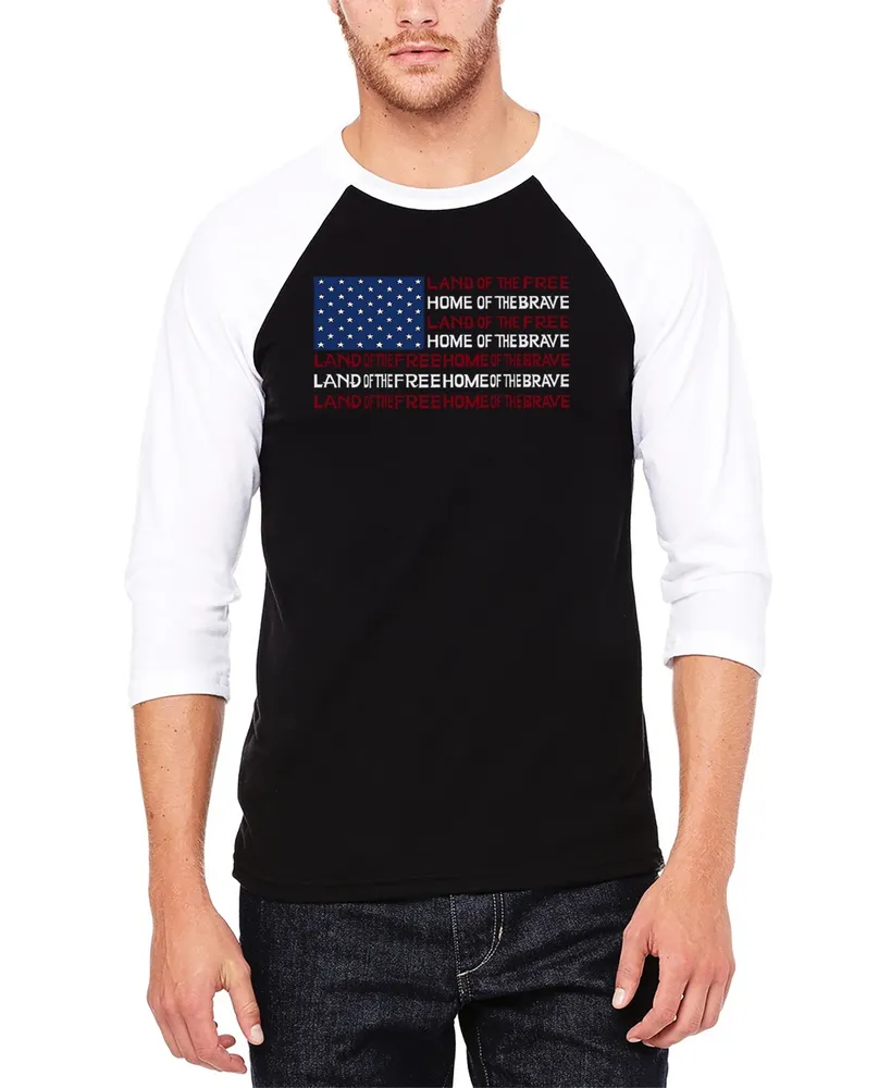 La Pop Art Men's Raglan Baseball 3/4 Sleeve Land of The Free American Flag Word T-shirt