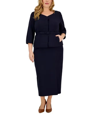 Plus Size Collarless Belted Jacket and Column Skirt Suit