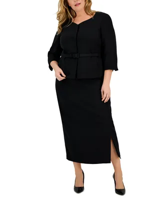 Plus Size Collarless Belted Jacket and Column Skirt Suit