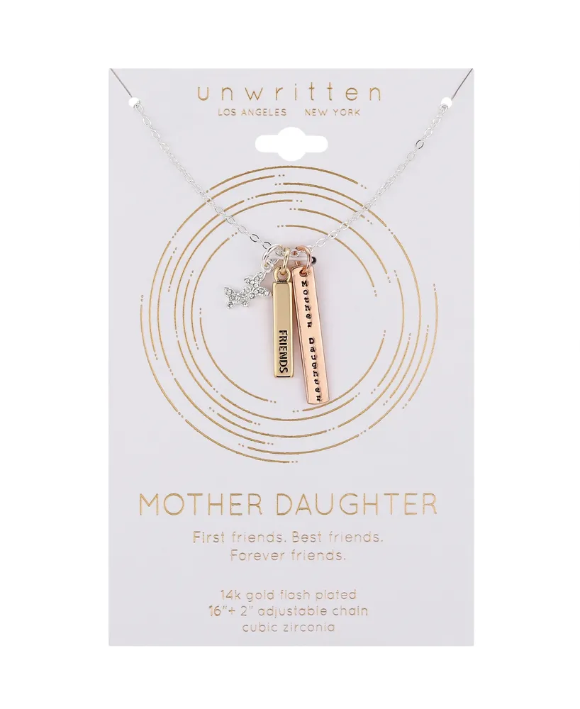 Unwritten 14K Tri-Tone Gold Flash-Plated Brass Crystal Butterflies "Mother Daughter Friends" Bar Pendant Necklace with Extender - Tri