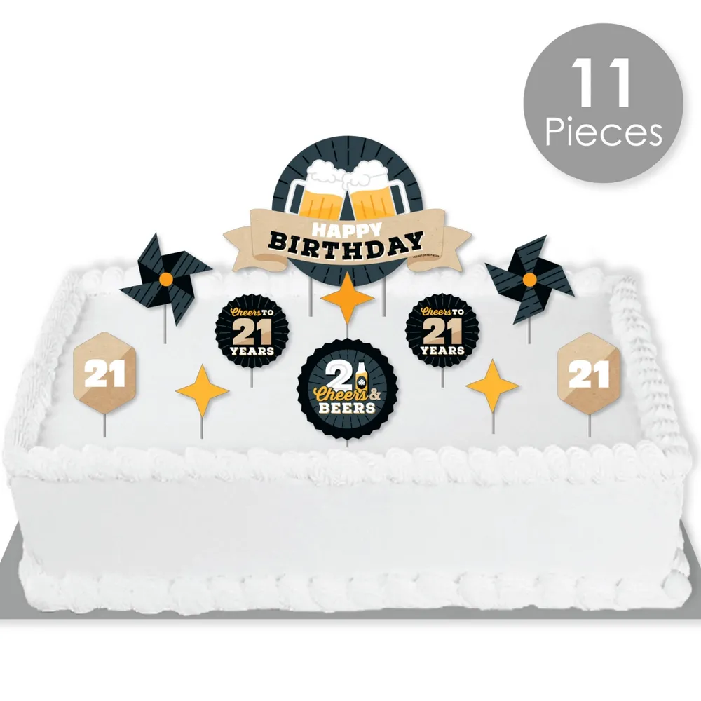 Cheers & Beers to 21 Years - Birthday Cake Decor Kit - Cake Topper Set - 11 Pc - Assorted Pre