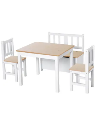 Qaba 4-Piece Kids Table Set with 2 Wooden Chairs, 1 Storage Bench