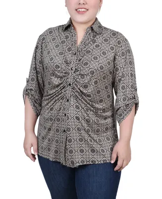 Ny Collection Plus Size 3/4 Roll Tab Rouched-Front Top