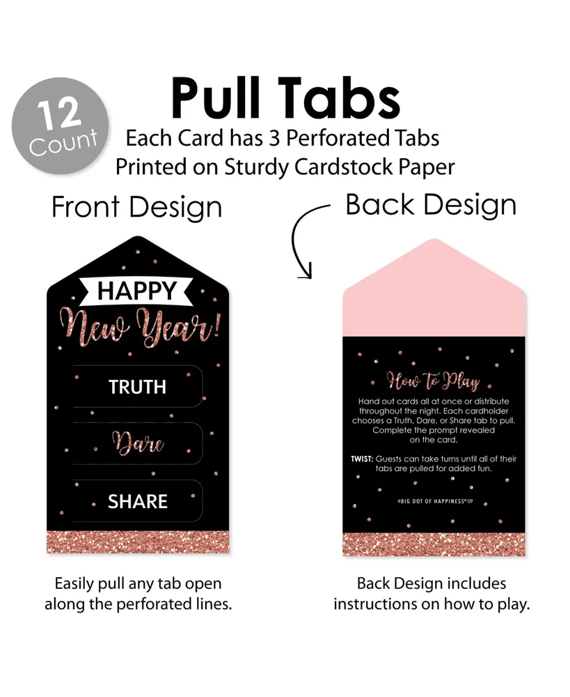 Rose Gold Happy New Year Party Game Cards Truth, Dare, Share Pull Tabs 12 Ct