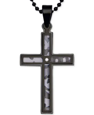 Men's Diamond Accent Camo Carbon Fiber 24" Cross Pendant Necklace in Black Ion-Plated Stainless Steel