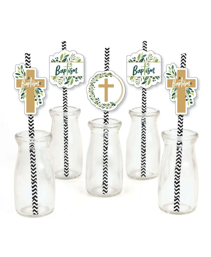 Big Dot of Happiness - Religious Easter - Paper Straw Decor - Christian Holiday Party Striped Decorative Straws - Set of 24