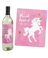 Rainbow Unicorn - Magical Unicorn Party Decor - Wine Bottle Label Stickers 4 Ct - Assorted Pre