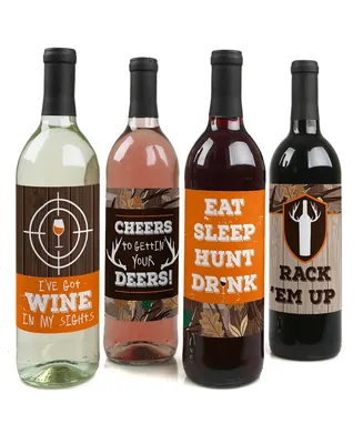 Gone Hunting - Camo Party Decor - Wine Bottle Label Stickers - 4 Ct