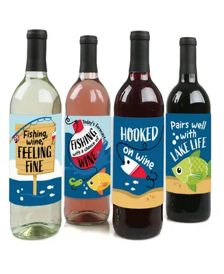 Let's Go Fishing - Fish Party Decor - Wine Bottle Label Stickers - 4 Ct