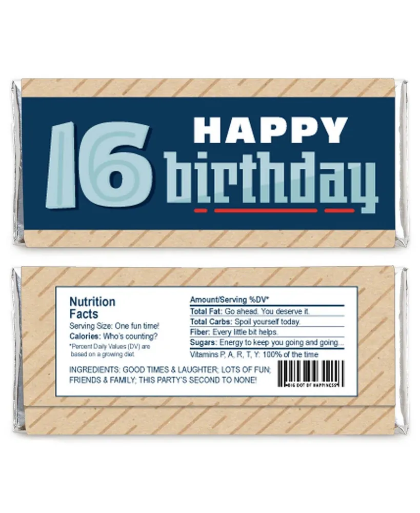 Boy 16th Birthday - Candy Bar Wrapper Sweet Sixteen Birthday Party Favors 24 Ct