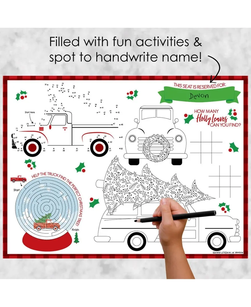 Big Dot of Happiness Merry Little Christmas Tree - Paper Red Truck and Car Christmas Party Coloring Sheets - Activity Placemats - Set of 16