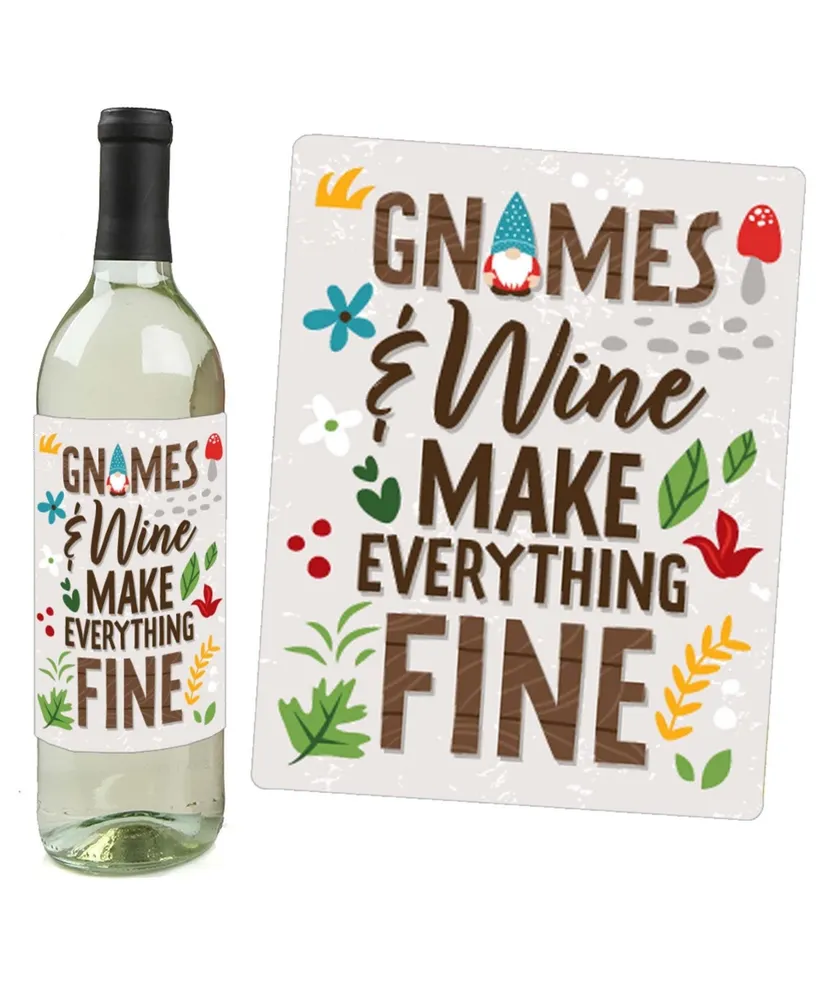 Garden Gnomes - Forest Gnome Party Decor - Wine Bottle Label Stickers - 4 Ct - Assorted Pre