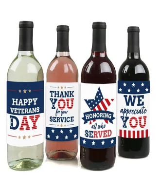 Happy Veterans Day - Patriotic Decor - Wine Bottle Label Stickers - 4 Ct