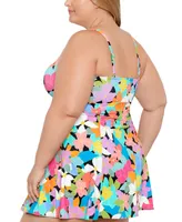 Swim Solutions Plus Size Tummy Control Bow-Front Printed Swimdress, Created for Macy's