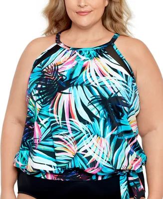 Swim Solutions Plus Printed High Neck Tie-Waist Tankini Top, Created for Macy's