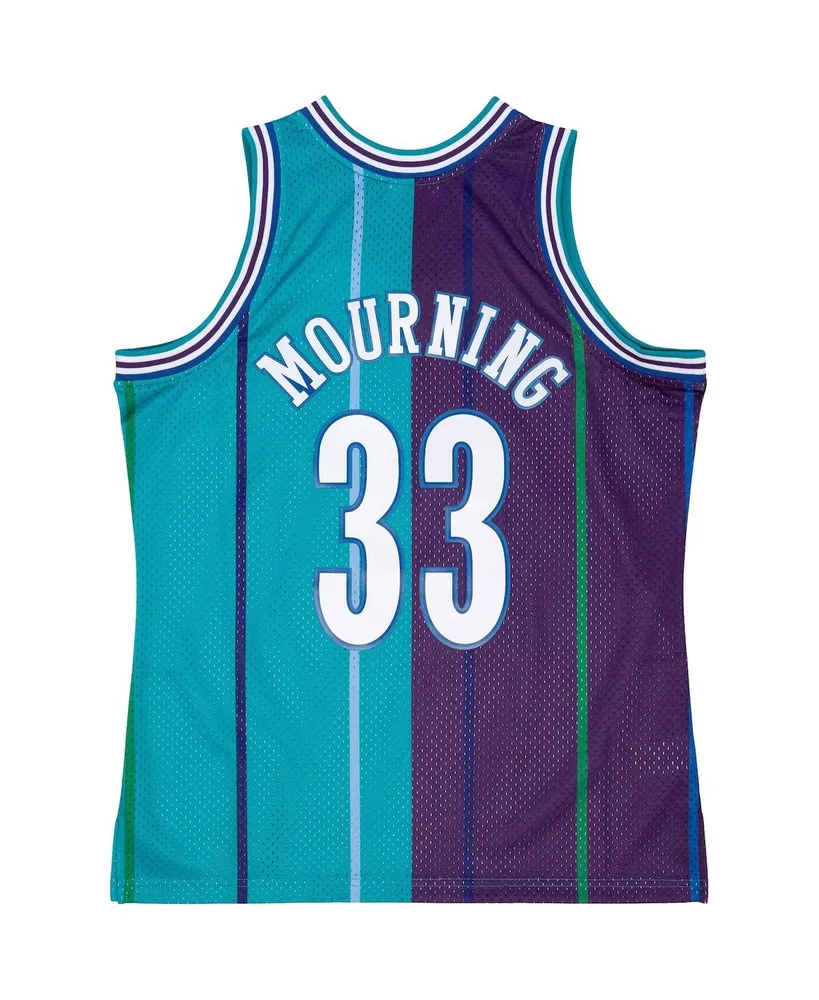 Men's Mitchell & Ness Alonzo Mourning Teal, Purple Charlotte Hornets Hardwood Classics 1992-93 Split Swingman Jersey