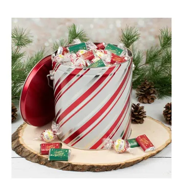 Just Candy 3 lb Christmas Chocolate Gift Tin Hershey's Miniatures & Lindt Truffles - Candy Stripes - Assorted Pre