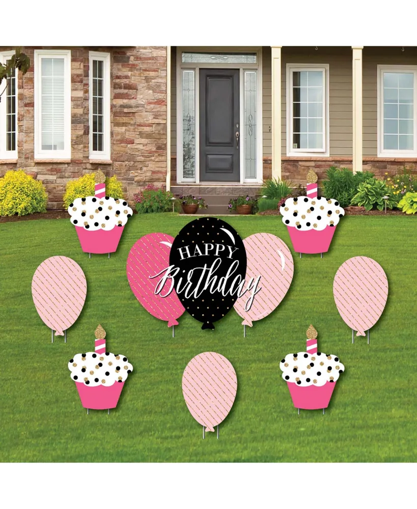Chic Happy Birthday - Pink, Black & Gold - Yard Sign & Lawn Decor - Set of 8