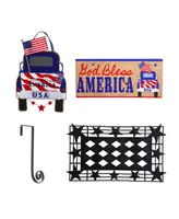 Evergreen Indoor Outdoor Patriotic 4th of July Bundle Set of 4 - Door hanger Door Decor Truck Sassafras Doormat Frame and Sassafras Insert