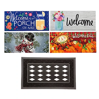Evergreen Indoor Outdoor Doormat Bundle Set of 5 - Frame and 4 Welcome Seasonal Inserts Pumpkins Lemonade Snowman Floral