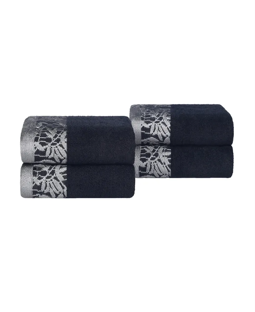 Superior Wisteria Floral Embroidered Jacquard Border Cotton Hand Towel Set, 4 Pieces